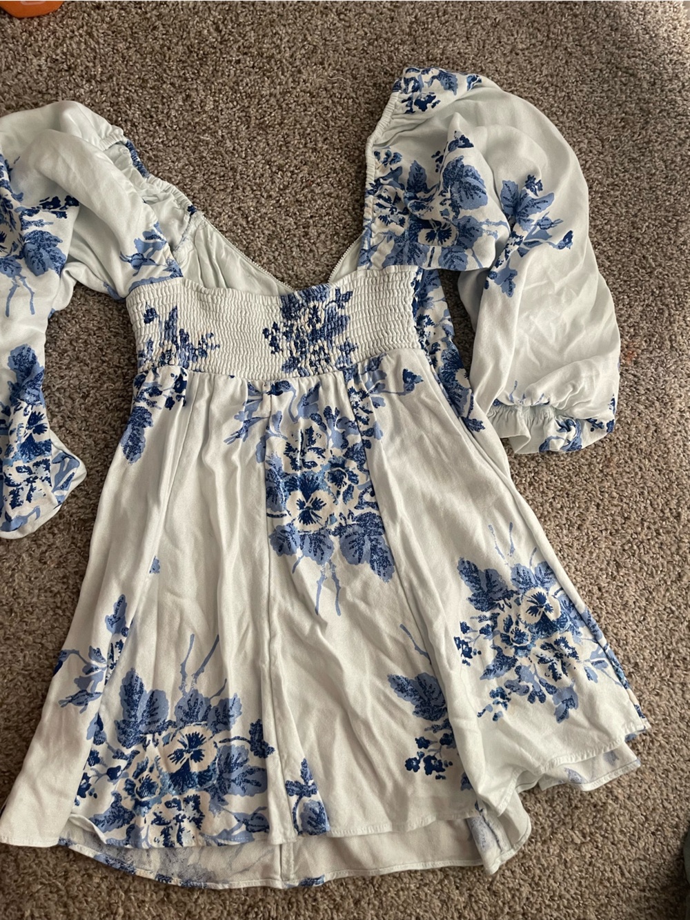 Free People Blue White Floral Puff Sleeve Mini Dress XS